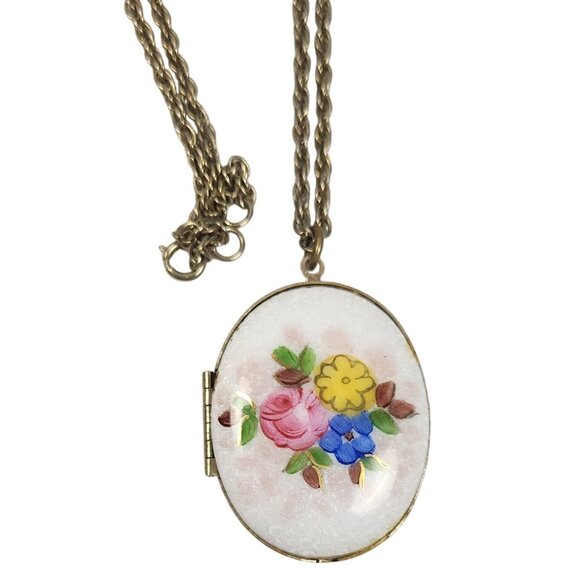 Vintage Enamel Floral Oval Locket Necklace With 24" Long Chain Gold Tone - Picture 3 of 8